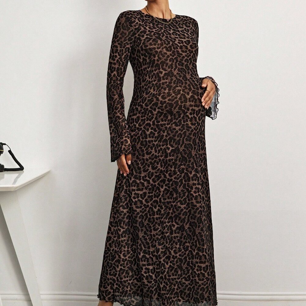 Brown Elegant Women's Casual Leopard Long Sleeve Maternity Dress - Picture 6 of 6